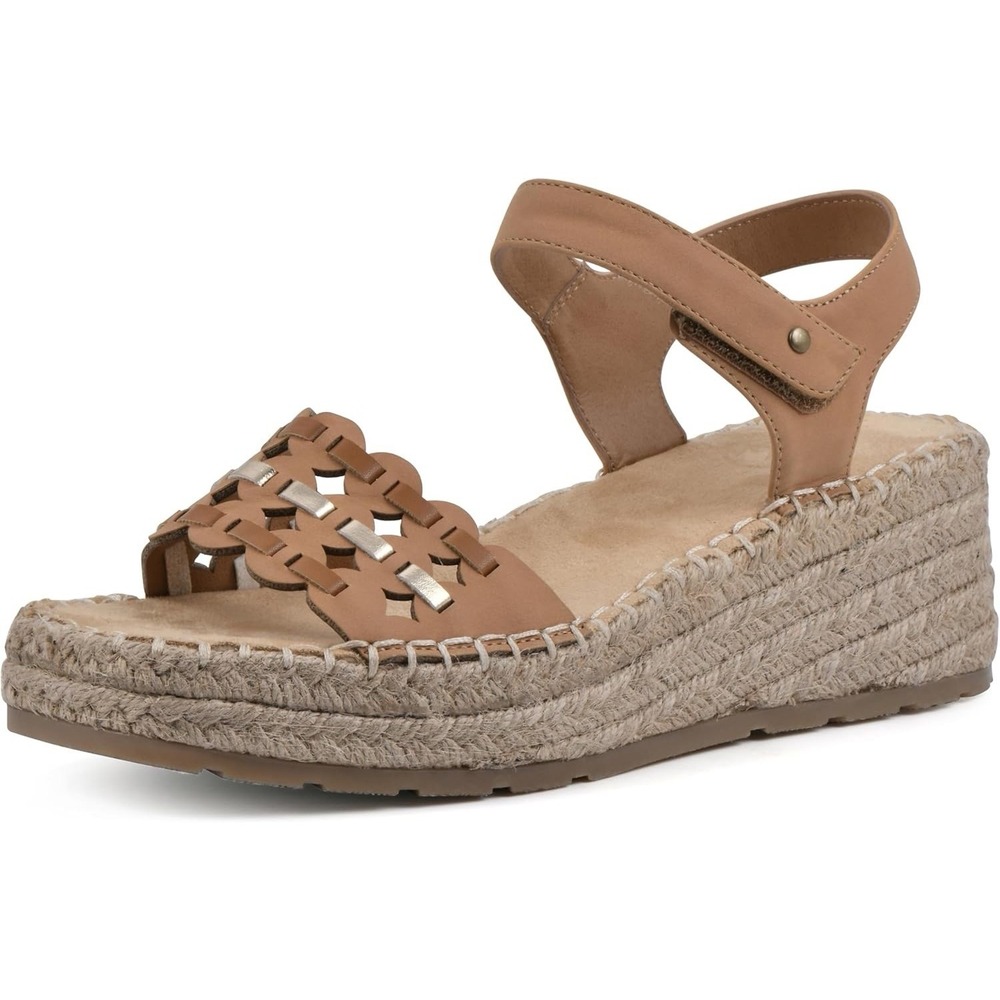 New White Mountain Stride Espadrille Wedge Heel Ankle Strap Sandals Tan Size 9M